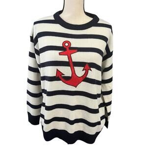 Brave Soul Women's Beige Navy Stripe Anchor Pirate Soft Crewneck Sweater Sz 16